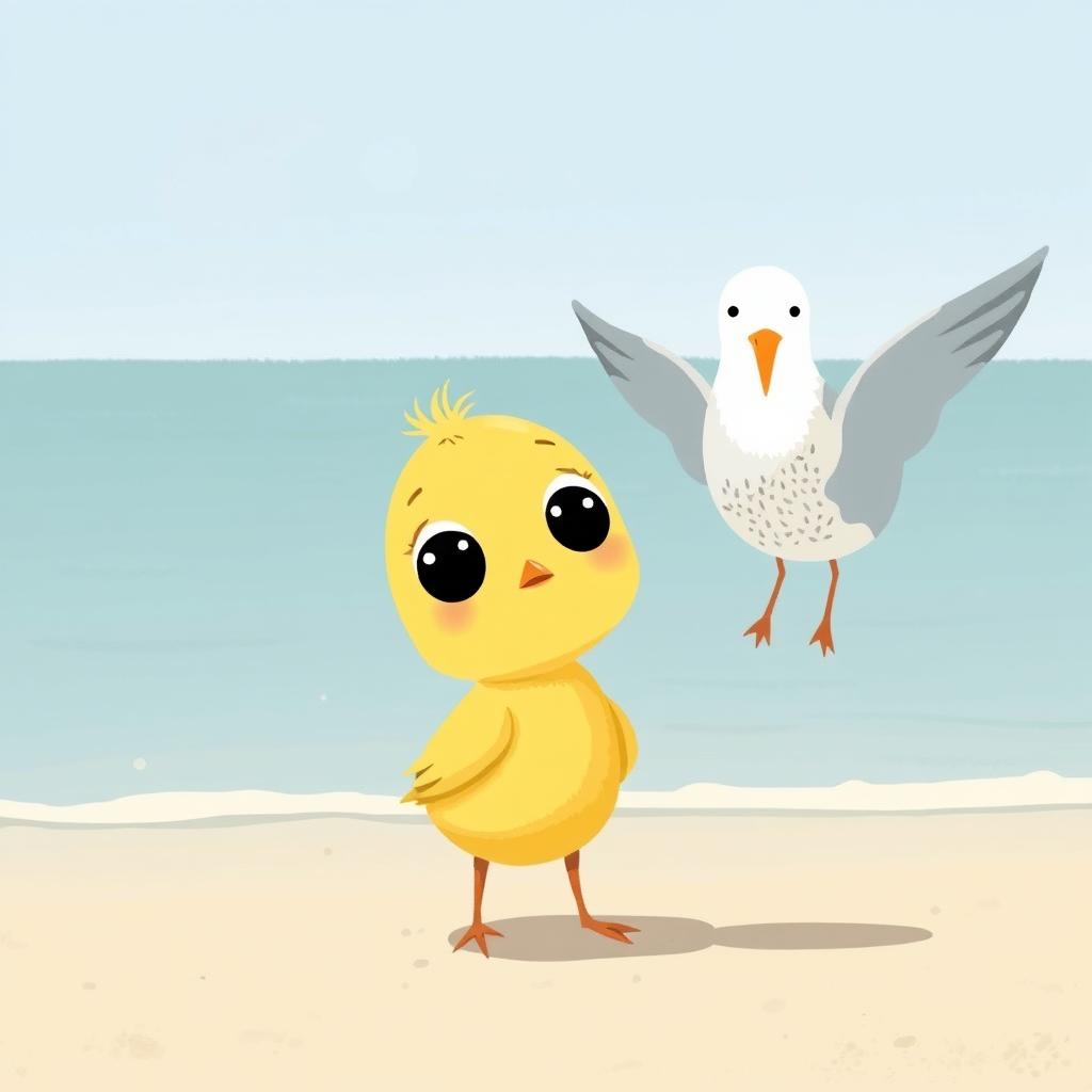 A cute little yellow chick with big curious eyes gazing at an adorable seagull by the seaside