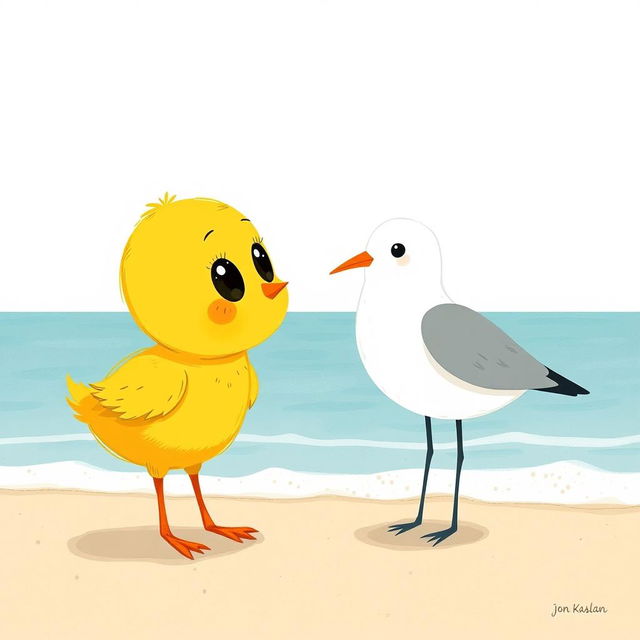 A cute little yellow chick with big curious eyes gazing at an adorable seagull by the seaside