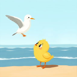 A cute little yellow chick with big curious eyes gazing at an adorable seagull by the seaside