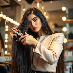 A stunning portrait of Iranian actress Mahnaz Afshar in a bright, modern salon, gracefully cutting her long, dark hair