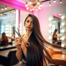 A stunning portrait of Iranian actress Mahnaz Afshar in a bright, modern salon, gracefully cutting her long, dark hair