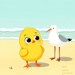 A cute little yellow chick with curious big eyes gazing at an adorable seagull by the seaside