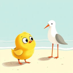 A cute little yellow chick with curious big eyes gazing at an adorable seagull by the seaside