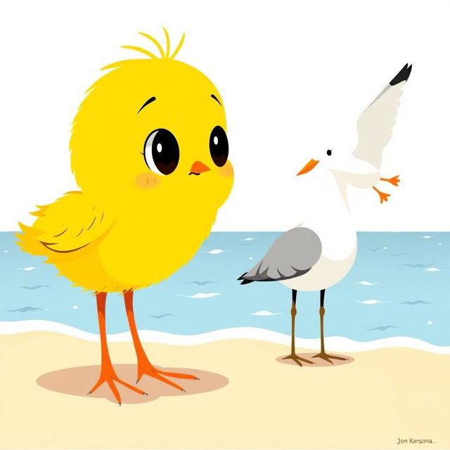A cute little yellow chick with curious big eyes gazing at an adorable seagull by the seaside