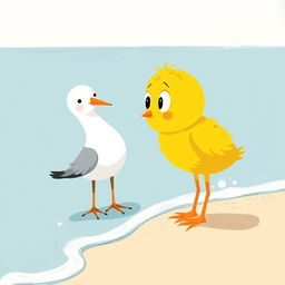 A cute little yellow chick with curious big eyes gazing at an adorable seagull by the seaside