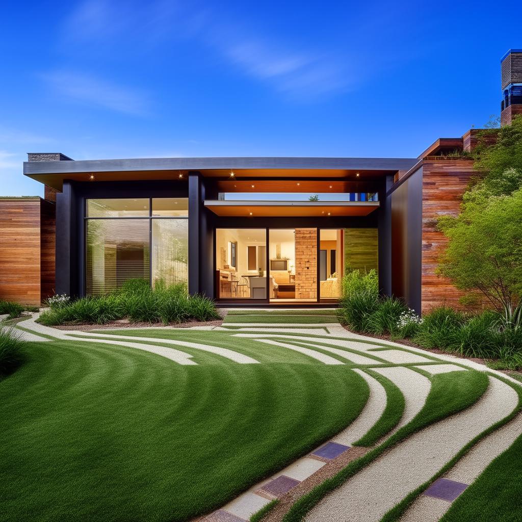 A beautiful new modern house with large windows, a sprawling green lawn, and a charming brick path leading up to the entrance.