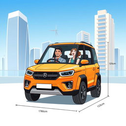 A detailed illustration of a two-seater SUV, featuring two passengers inside