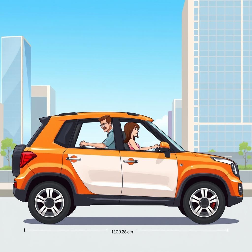 A detailed illustration of a two-seater SUV, featuring two passengers inside