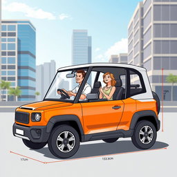 A detailed illustration of a two-seater SUV, featuring two passengers inside