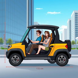 A detailed illustration of a two-seater SUV, featuring two passengers inside