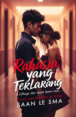 A provocative and eye-catching book cover design for a mature audience titled 'Rahasia yang Terlarang: Cinta dan Nafsu di SMA'