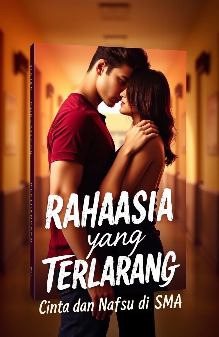 A provocative and eye-catching book cover design for a mature audience titled 'Rahasia yang Terlarang: Cinta dan Nafsu di SMA'