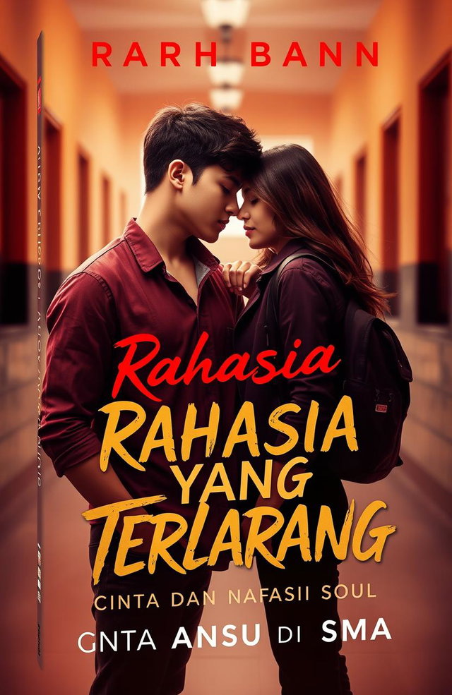 A provocative and eye-catching book cover design for a mature audience titled 'Rahasia yang Terlarang: Cinta dan Nafsu di SMA'