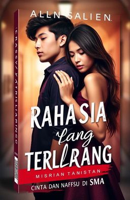 A provocative and eye-catching book cover design for a mature audience titled 'Rahasia yang Terlarang: Cinta dan Nafsu di SMA'