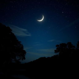 A serene night sky filled with twinkling stars and a glowing crescent moon