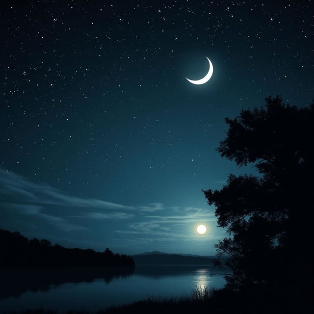 A serene night sky filled with twinkling stars and a glowing crescent moon