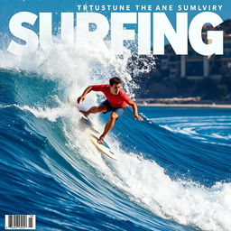 A dynamic surfer riding a massive, crashing wave, showcasing strength and skill