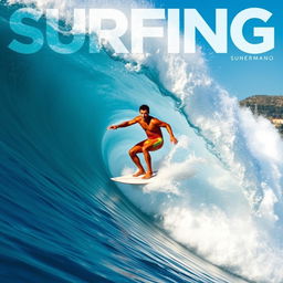 A dynamic surfer riding a massive, crashing wave, showcasing strength and skill