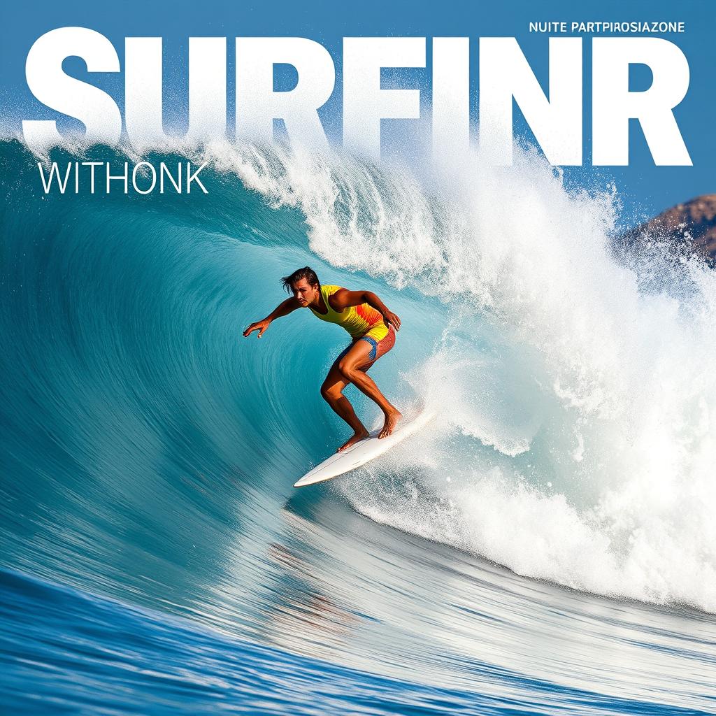 A dynamic surfer riding a massive, crashing wave, showcasing strength and skill