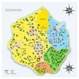 A beautifully detailed map demonstrating the concept of zoning for land use, showcasing clear divisions such as residential, commercial, industrial, and agricultural areas