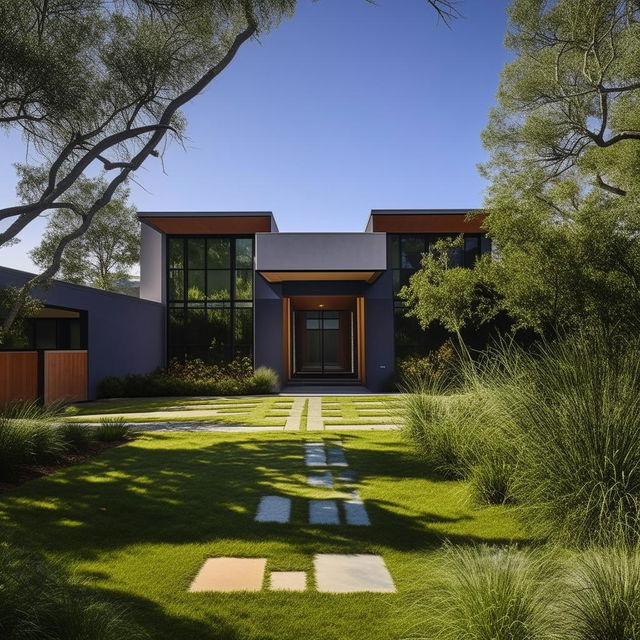 A beautiful new modern house with large windows, a sprawling green lawn, and a charming brick path leading up to the entrance.