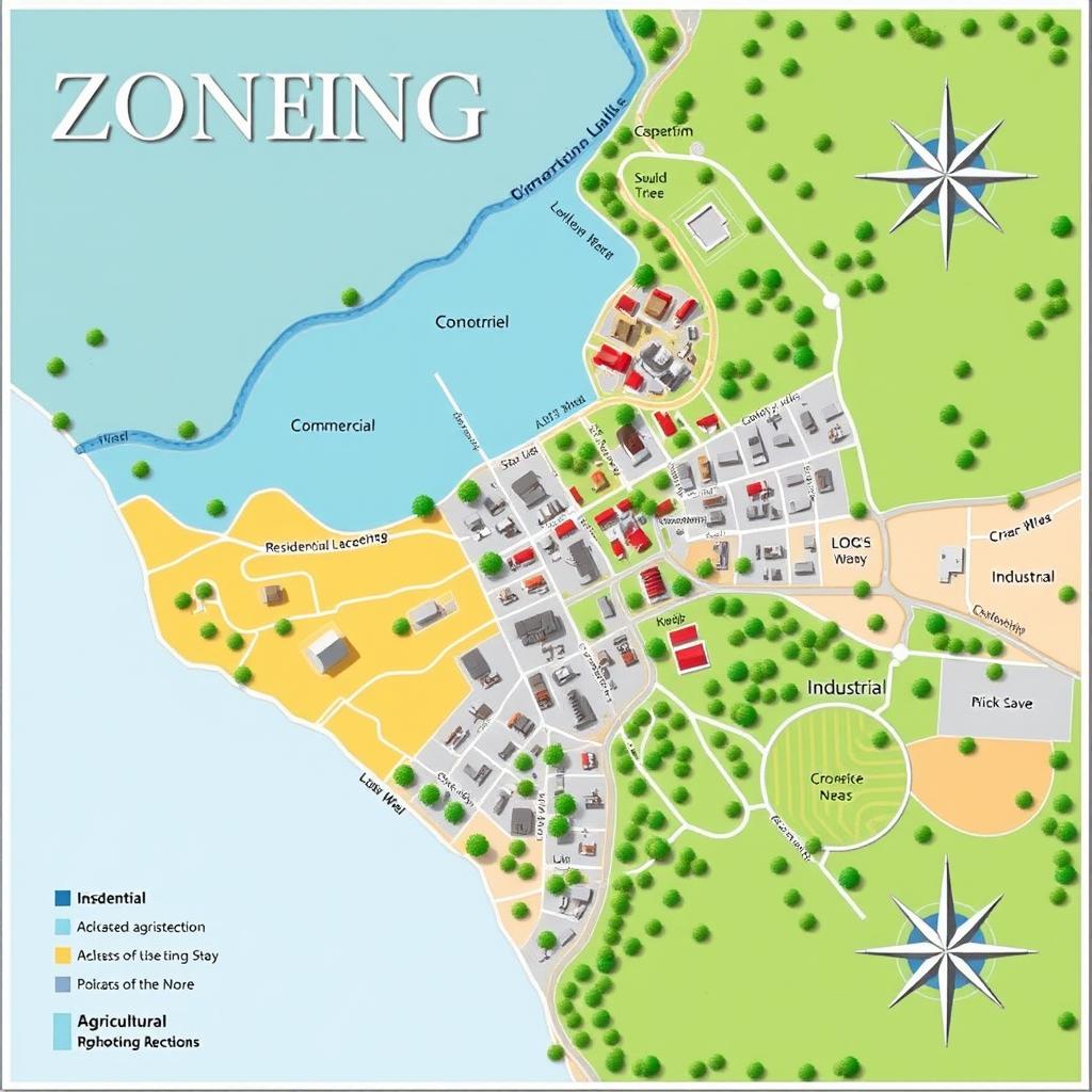 A beautifully detailed map demonstrating the concept of zoning for land use, showcasing clear divisions such as residential, commercial, industrial, and agricultural areas
