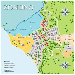 A beautifully detailed map demonstrating the concept of zoning for land use, showcasing clear divisions such as residential, commercial, industrial, and agricultural areas
