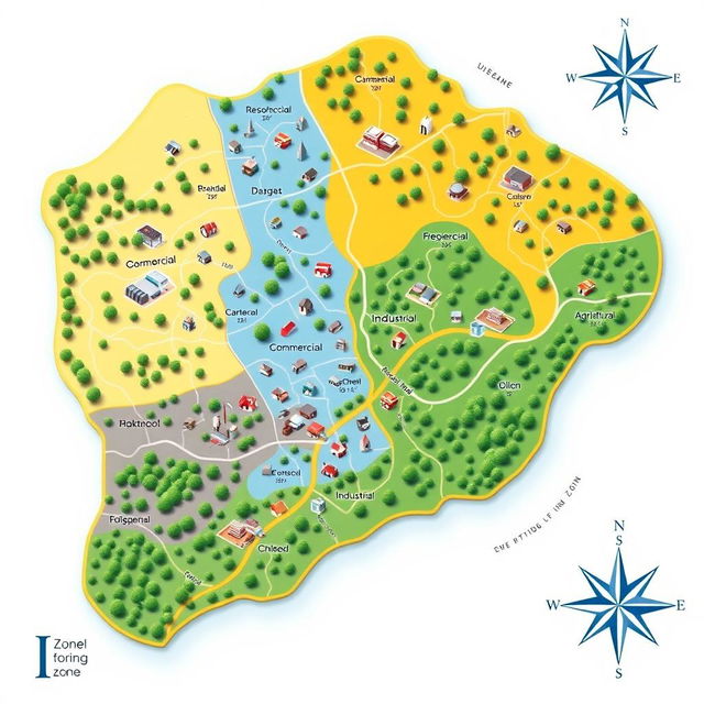 A beautifully detailed map demonstrating the concept of zoning for land use, showcasing clear divisions such as residential, commercial, industrial, and agricultural areas