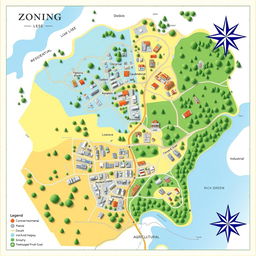 A beautifully detailed map demonstrating the concept of zoning for land use, showcasing clear divisions such as residential, commercial, industrial, and agricultural areas