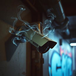 An artistic depiction of a CCTV camera mounted on a wall, with wisps of smoke spiraling around it, suggesting a cigarette has just been smoked nearby