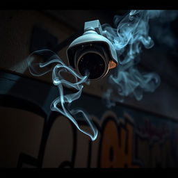An artistic depiction of a CCTV camera mounted on a wall, with wisps of smoke spiraling around it, suggesting a cigarette has just been smoked nearby