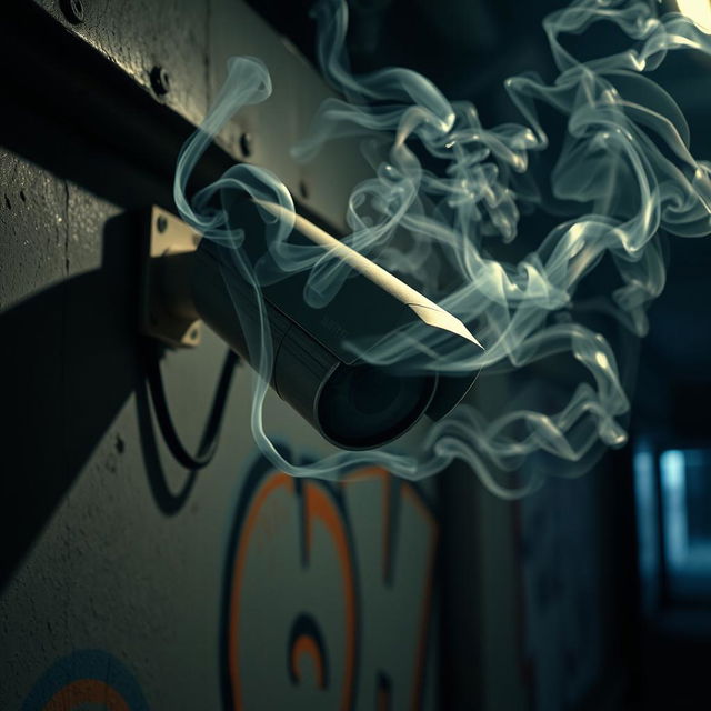 An artistic depiction of a CCTV camera mounted on a wall, with wisps of smoke spiraling around it, suggesting a cigarette has just been smoked nearby