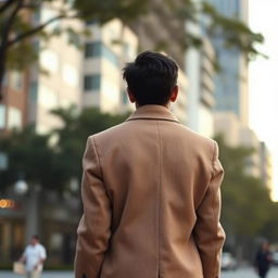 A portrait of a person seen from behind, with attention to their stylish clothing