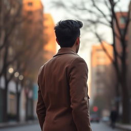 A portrait of a person seen from behind, with attention to their stylish clothing