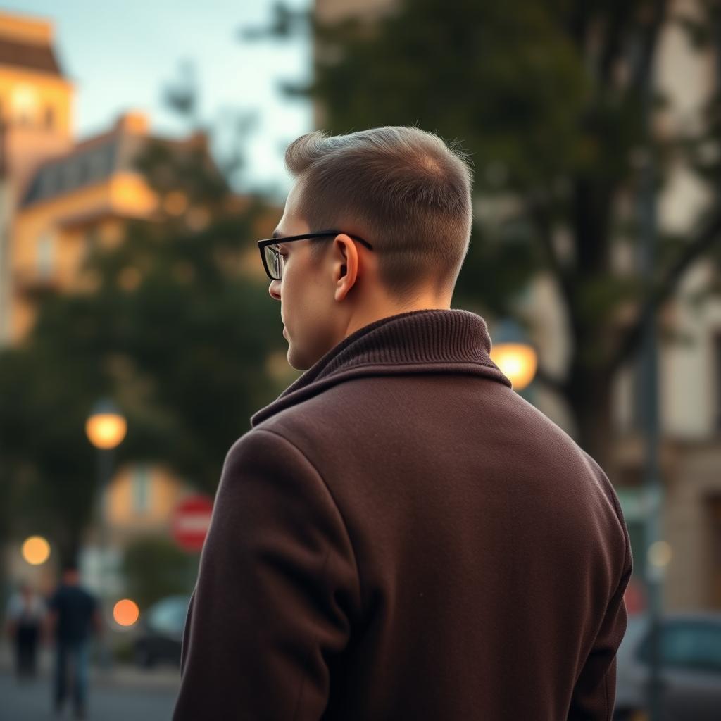 A portrait of a person seen from behind, with attention to their stylish clothing