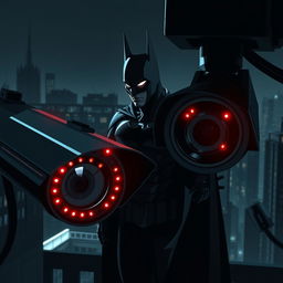 A stylized, futuristic version of Batman subtly hidden in the shadows, with a sleek black suit featuring subtle tech enhancements