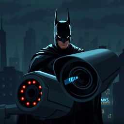 A stylized, futuristic version of Batman subtly hidden in the shadows, with a sleek black suit featuring subtle tech enhancements