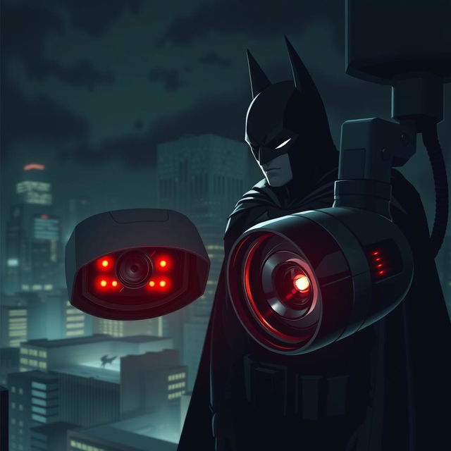 A stylized, futuristic version of Batman subtly hidden in the shadows, with a sleek black suit featuring subtle tech enhancements