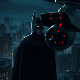A stylized, futuristic version of Batman subtly hidden in the shadows, with a sleek black suit featuring subtle tech enhancements
