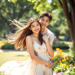 A beautiful young woman standing in a sunny park, wearing a flowing summer dress, her hair blowing gently in the breeze