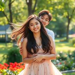 A beautiful young woman standing in a sunny park, wearing a flowing summer dress, her hair blowing gently in the breeze