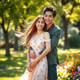 A beautiful young woman standing in a sunny park, wearing a flowing summer dress, her hair blowing gently in the breeze