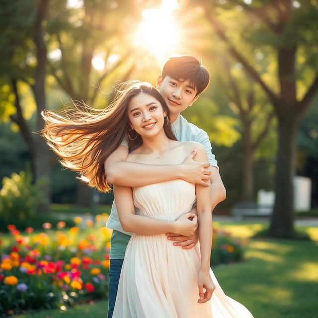 A beautiful young woman standing in a sunny park, wearing a flowing summer dress, her hair blowing gently in the breeze