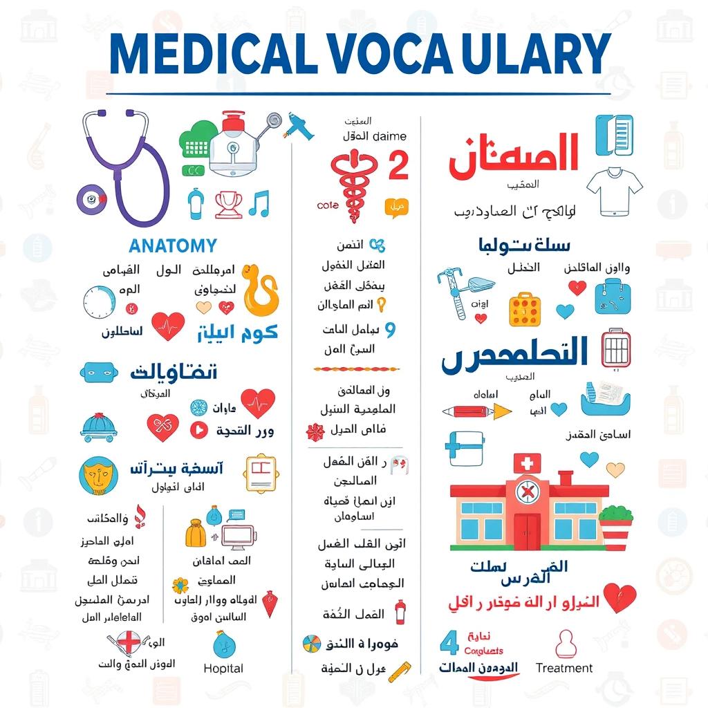 A visually engaging educational poster featuring medical vocabulary