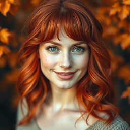 A captivating portrait of a striking redhead woman with vibrant crimson hair cascading in soft waves, featuring a delicate sprinkle of freckles across her pale skin