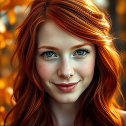 A captivating portrait of a striking redhead woman with vibrant crimson hair cascading in soft waves, featuring a delicate sprinkle of freckles across her pale skin
