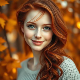 A captivating portrait of a striking redhead woman with vibrant crimson hair cascading in soft waves, featuring a delicate sprinkle of freckles across her pale skin