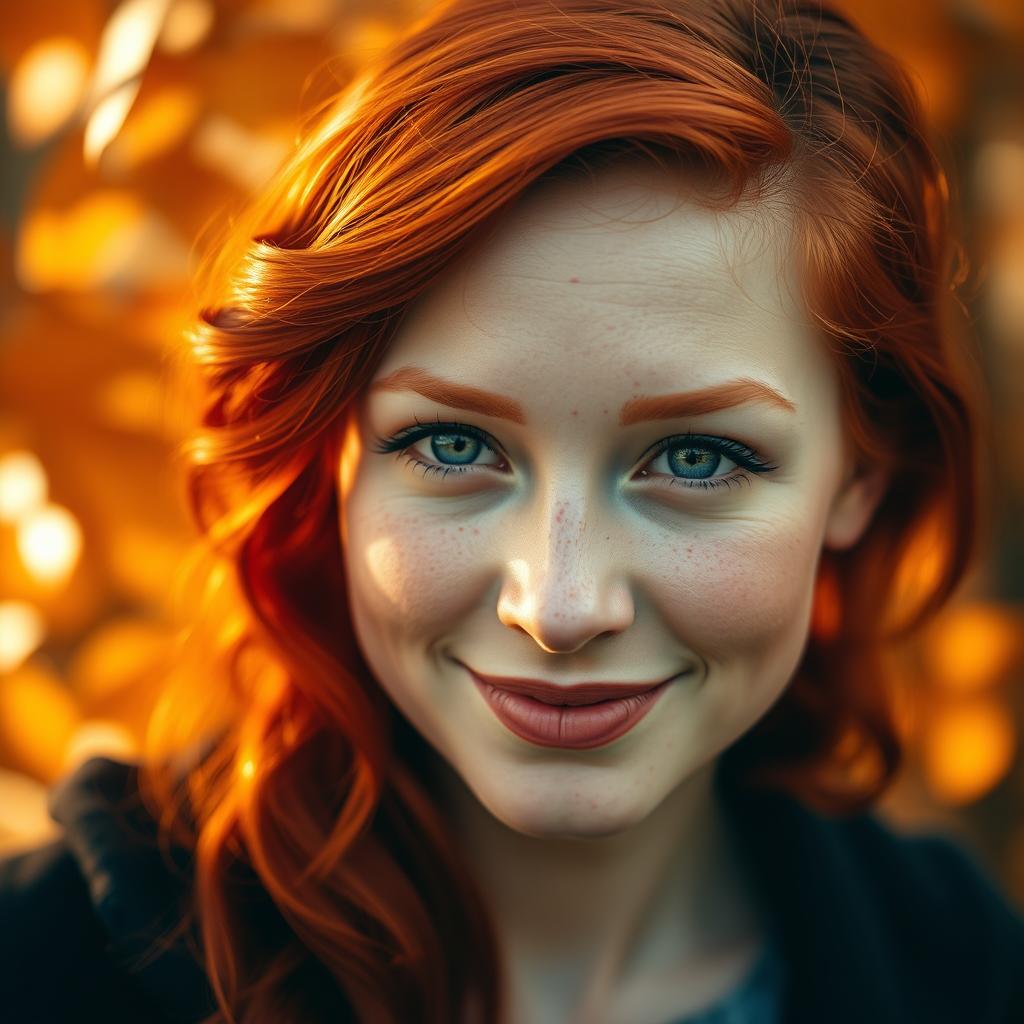 A captivating portrait of a striking redhead woman with vibrant crimson hair cascading in soft waves, featuring a delicate sprinkle of freckles across her pale skin