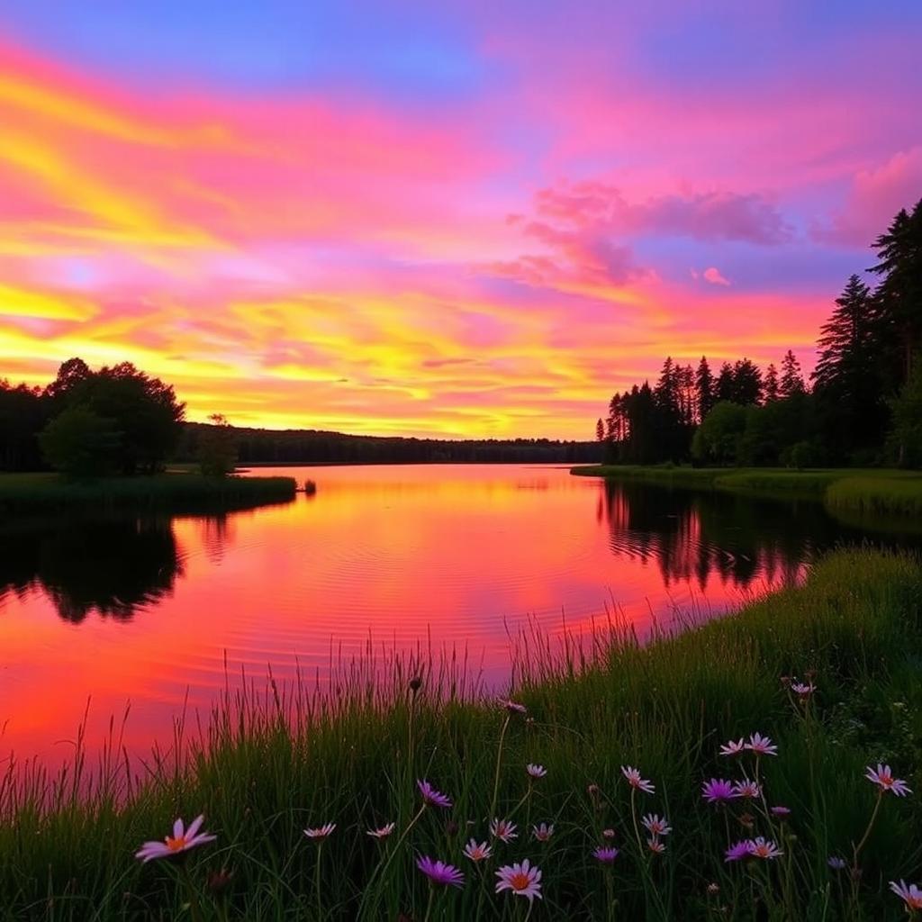 A serene sunset over a tranquil lake, with vibrant shades of orange, pink, and purple in the sky