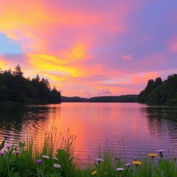 A serene sunset over a tranquil lake, with vibrant shades of orange, pink, and purple in the sky